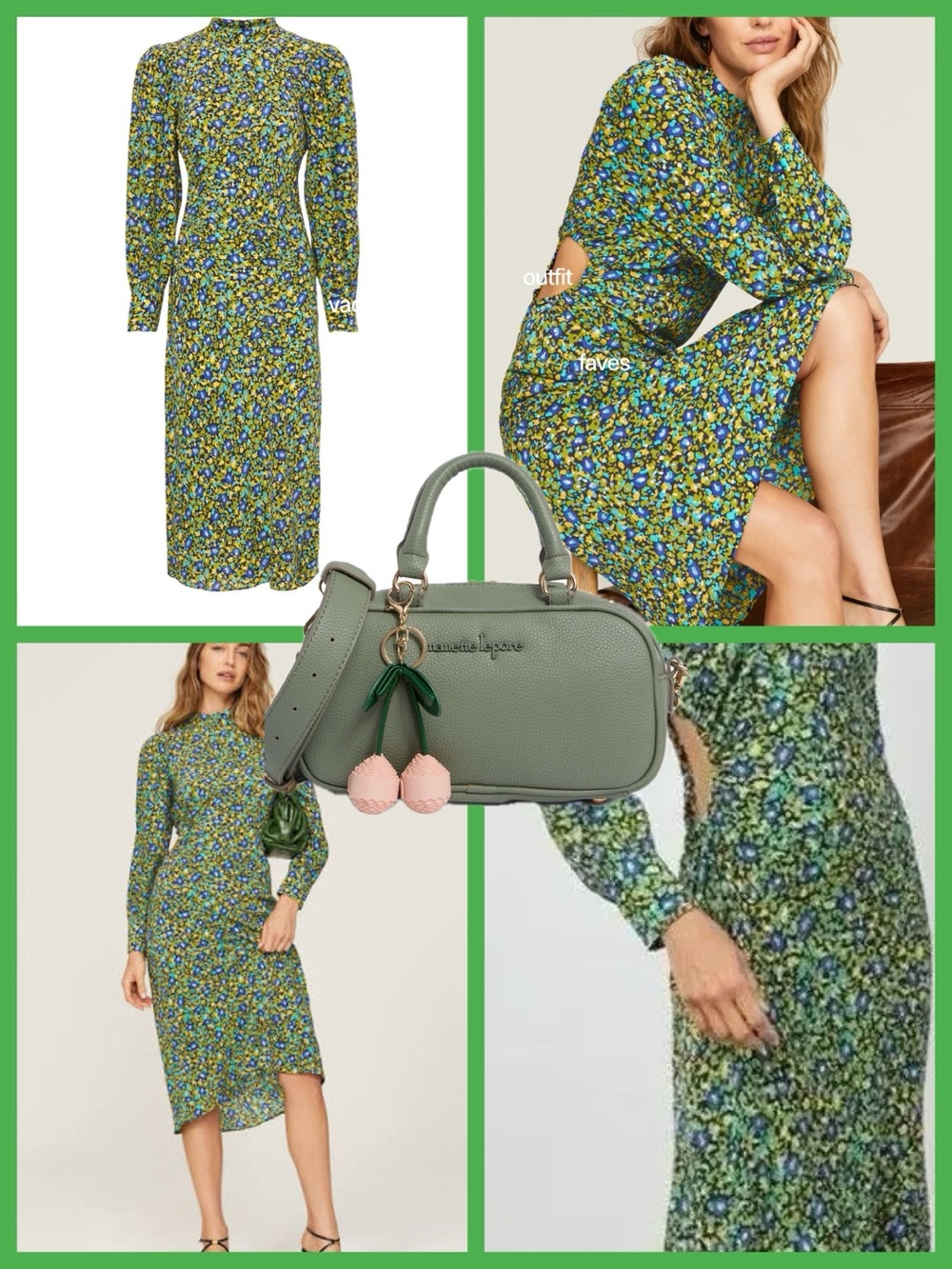 Green Floral Long Sleeve Midi Dress and purse bundle - Women
